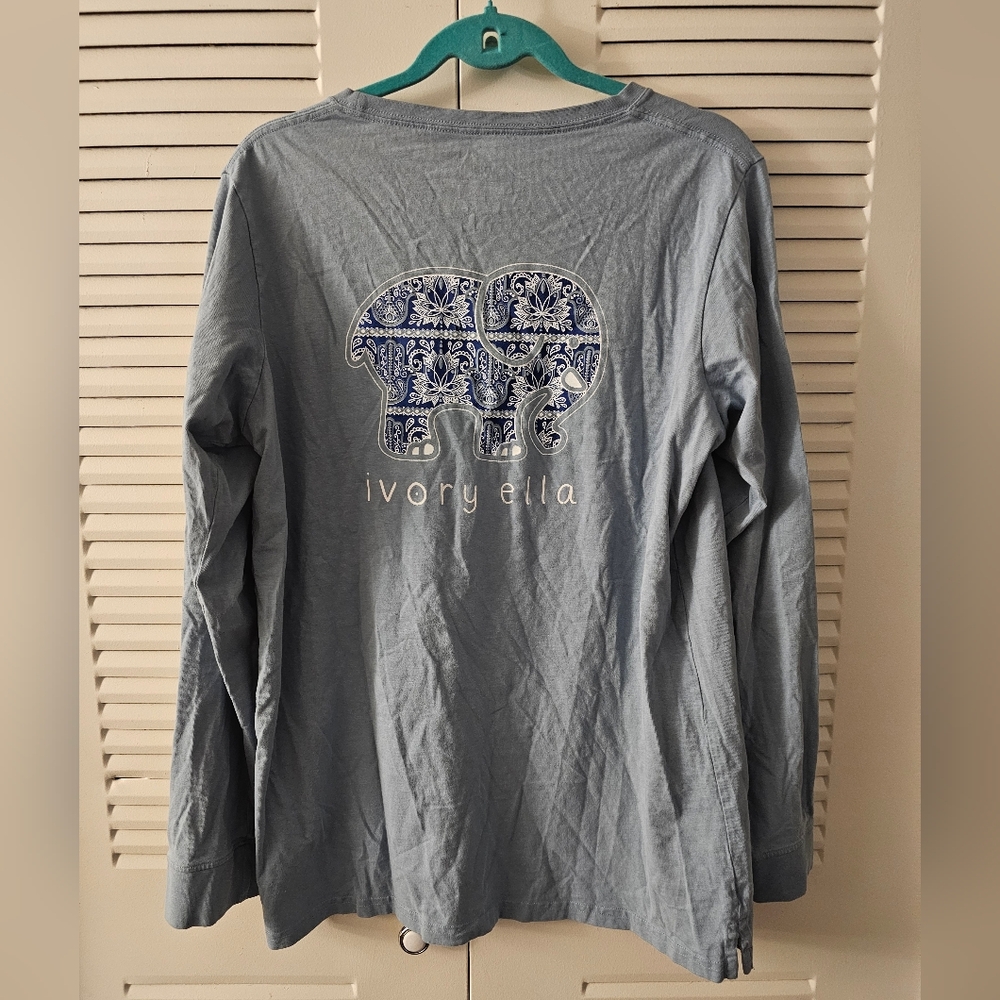 Ivory Ella Blue Long Sleeve Tee with Paisley Elephant - Size XL